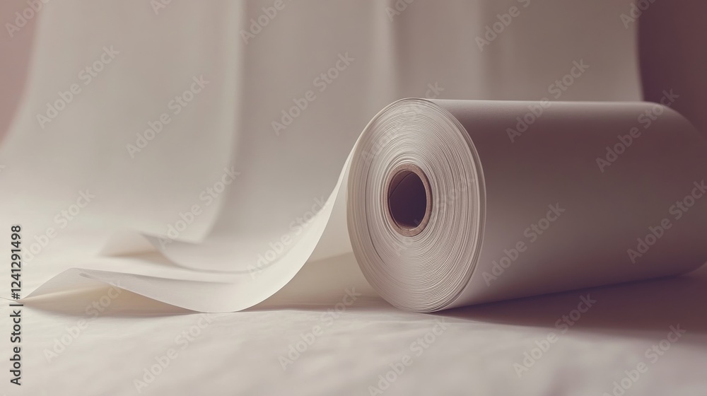 Poster rolled white paper on soft surface with smooth texture and shadows
