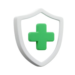 Fototapeta premium White shield icon with green plus sign. Medical protection.