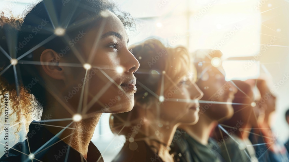Poster picture symbolized people connect with particle connecting represent internet system for communicati
