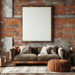Blank picture frame mock up, Wide rustic wooden frame featuring an empty canvas, mounted on a brick wall in a cozy industrial loft setting, wall art presentation template, Picture frame