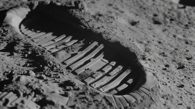 close-up lunar surface first step bootprint black white film grain effect iconic