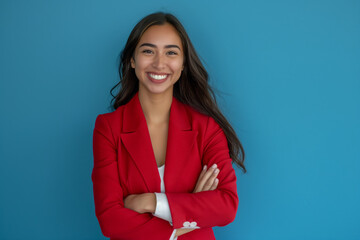 A woman in a red jacket is smiling and looking at the camera