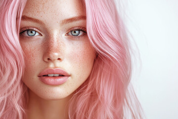 Naklejka premium A beautiful young woman with soft pink hair and delicate freckles