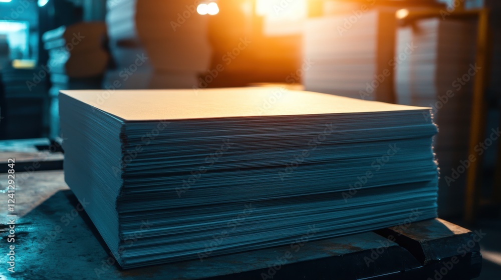 Aufkleber stack of blank paper sheets in industrial paper factory setting