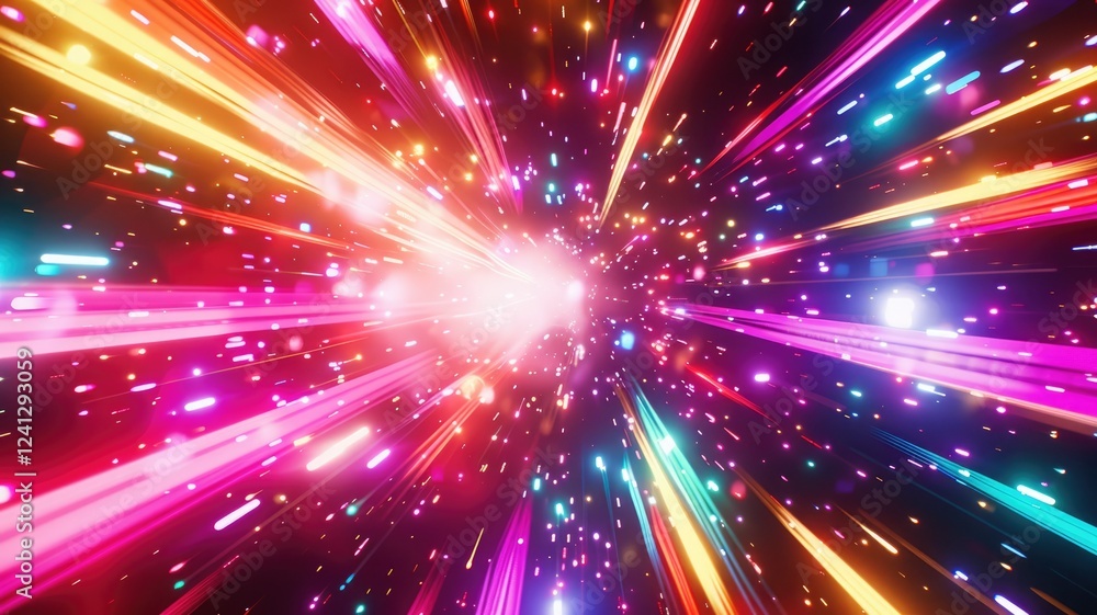 Poster this vibrant abstract image features dynamic light rays bursting with color, creating a sense of mov