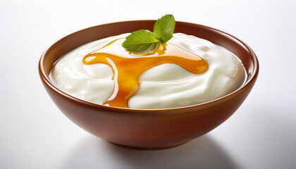 bowl of creamy yogurt with honey drizzle on white history