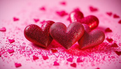 Obraz premium Glittering Red Hearts Adorned With Sparkling Details Rest Amid Scattered Confetti, Creating a Romantic Atmosphere Ideal for Celebration