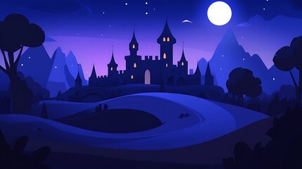 Magical night castle landscape, fantasy illustration