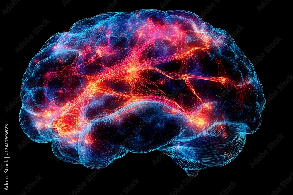 Poster glowing neural network visualization showing brain connectivity with vibrant blue and orange energy 