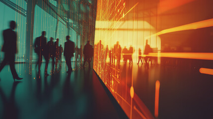 Obraz premium abstract professional business team people connection of line from nail node to node on Smart digital cityscap and skyline background , Innovation networking concept