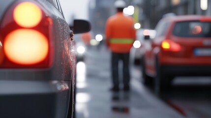 Fototapeta premium Traffic jam with a police officer directing cars in the rain