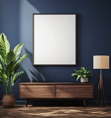 A mockup of an empty frame on the wall, above a modern wooden TV stand with a potted plant in front, a minimalistic interior design, navy blue walls, wooden floorboards, warm lighting, high-