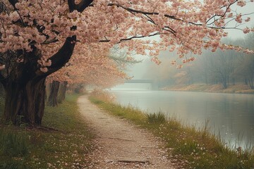 Cherry Blossom Path Through a Grassy Meadow with a River Nearby. Pink Petals Drift from Branches in This Springtime Scene.