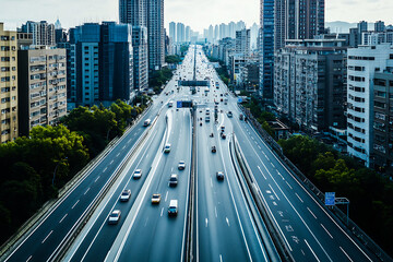 Fototapeta premium Wide Urban Highway with City Buildings – Modern Cityscape View