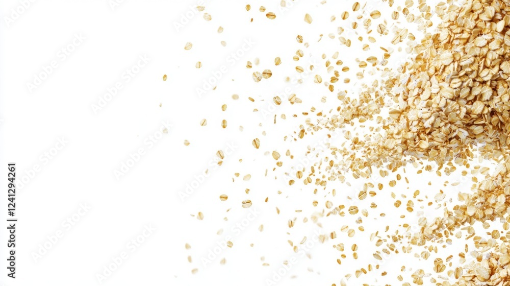 Poster a visually stunning composition of oats appearing to float in space, isolated on a bright white back