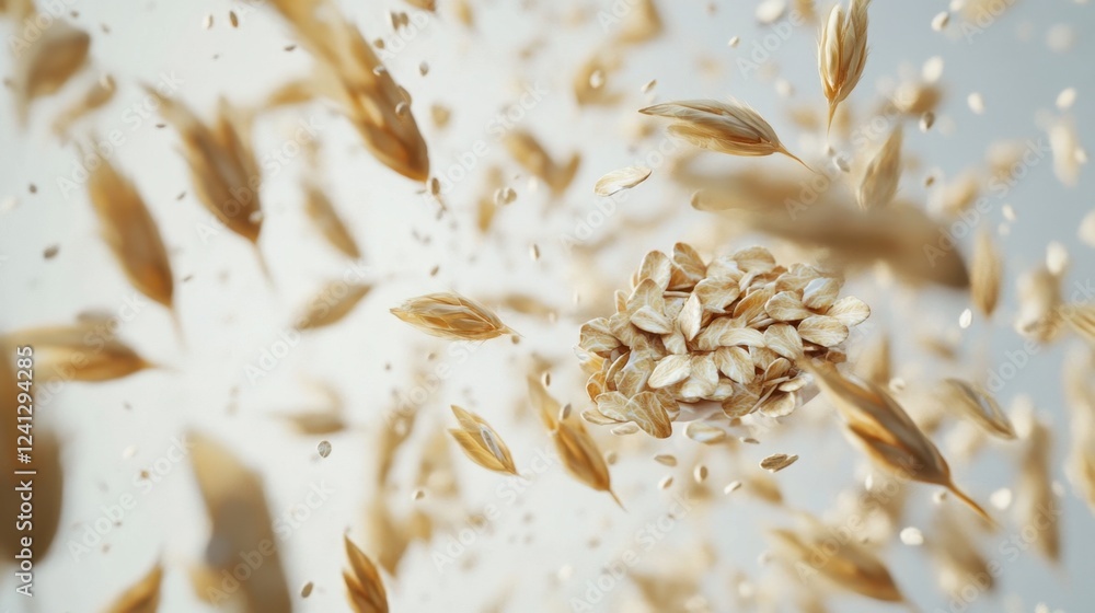 Poster a visually stunning composition of oats appearing to float in space, isolated on a bright white back