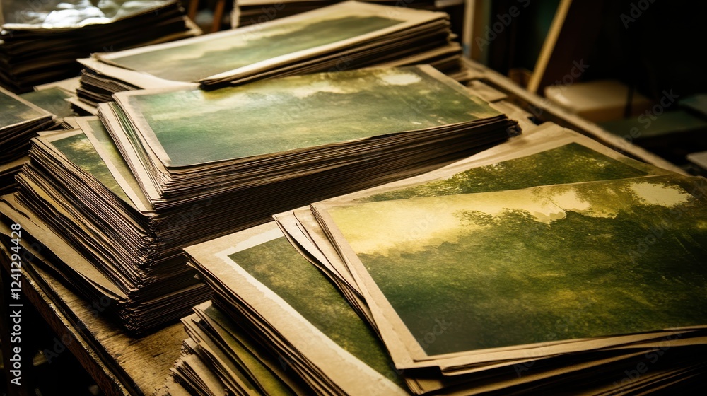 Poster stacks of artwork on table in studio setting with natural light