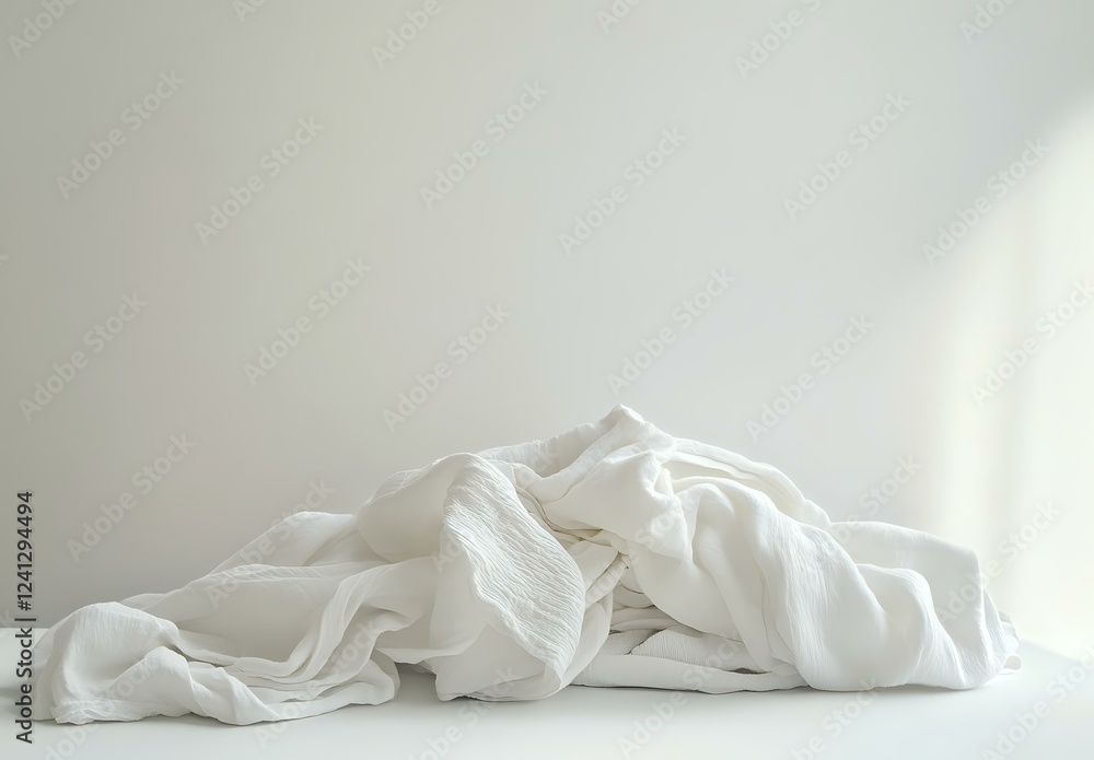 Poster crumpled white fabric with soft folds and gentle shadows against light background creates minimalist