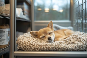 Cozy pet quarantine area featuring sleeping dog in veterinary environment, highlighting importance of veterinary medicine. Concept: pet quarantine area ensuring safety and health