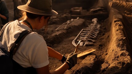 Archaeologist carefully excavating ancient fossil remains at a dig site surrounded by colleagues
