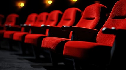 Rows of plush red cinema seats in a dimly lit theater, inviting viewers to enjoy a film experience