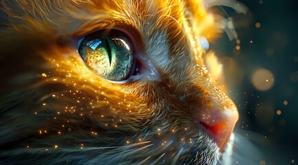 Magical close-up of cat eye with turquoise iris surrounded by golden light effects and sparkles, side view of feline face with detailed fur and mystical glow.