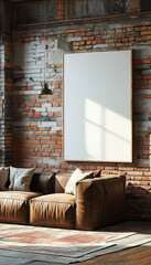 Blank picture frame mock up, Wide rustic wooden frame featuring an empty canvas, mounted on a brick wall in a cozy industrial loft setting, wall art presentation template, Picture frame