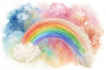 Fototapeta premium Minimalist Abstract Rainbow with Fluffy Pastel Clouds in Creamy White and Soft Blue Shades | Watercolor Illustration