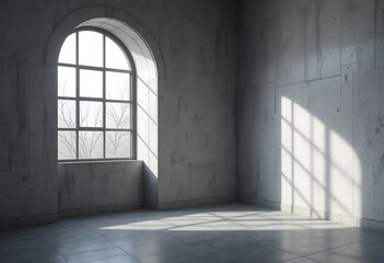 Sunlit Room with Arched Window and Bare Trees