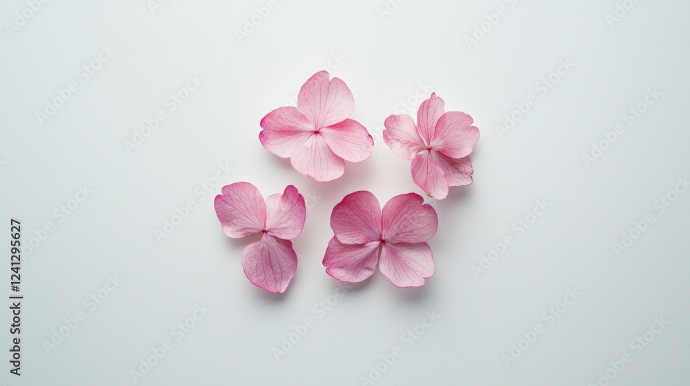 Poster soft pink petals are artfully scattered on a smooth white surface, creating an atmosphere of tranqui