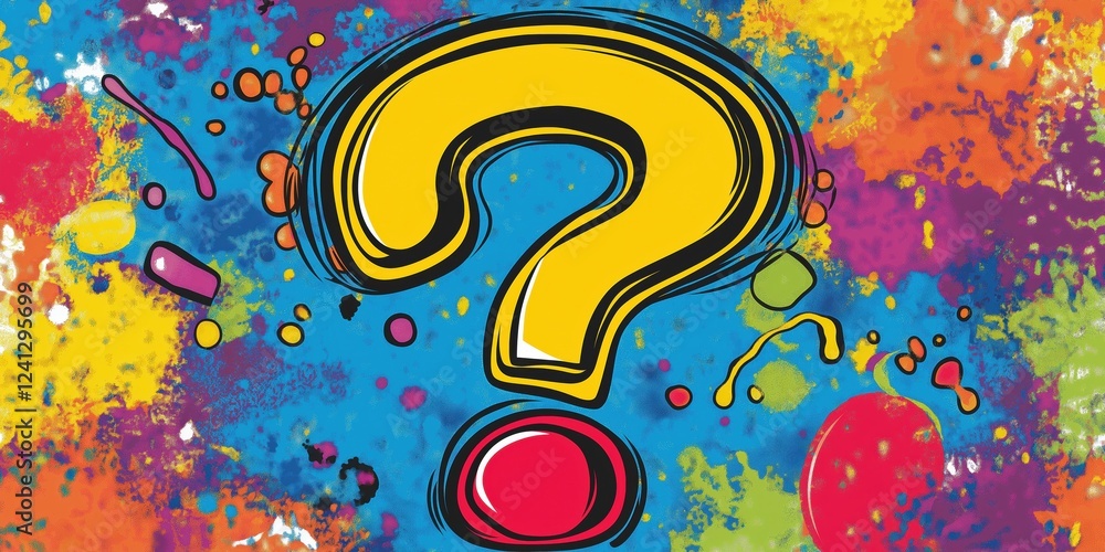Poster a colorful background with a yellow question mark in the middle. the background is splattered with p