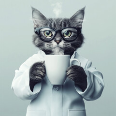 portrait of a scientist cat wearing glasses and holding a white mug of hot coffee with both paws, looking directly at the camera, modern minimalist white decor, high resolution