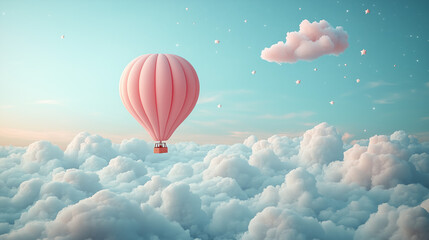 Obraz premium Floating in pastel skies, a pink hot air balloon drifts gracefully above fluffy clouds at dawn