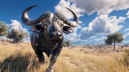 Majestic African Buffalo in a Sunny Savanna Landscape