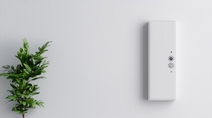 Smart home device on wall, plant, minimal background; tech website