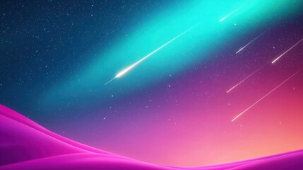 Obraz premium A vibrant digital landscape featuring a starry sky with shooting stars and colorful gradients in shades of blue, pink, and purple.