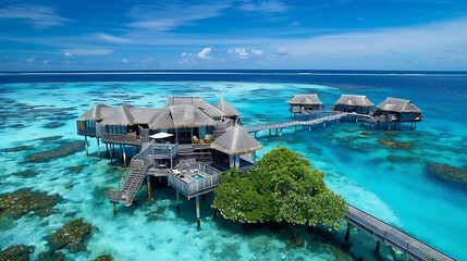 A breathtaking aerial view captures stunning expanse of Maldives island, showcasing luxurious water villas resort and intricate wooden pier against backdrop