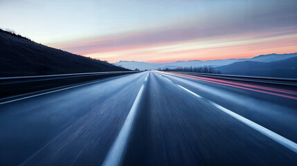 A Highway Stretching into the Misty Mountains at Sunrise showing motion blur speed