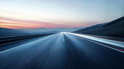 A Highway Stretching into the Misty Mountains at Sunrise showing motion blue speed