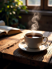 "Steaming Cup of Coffee on Rustic Wooden Table in Cozy Sunlit Library"