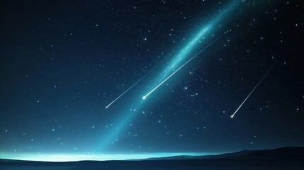 A captivating night sky filled with shooting stars and a shimmering comet, illuminating the dark expanse of space.