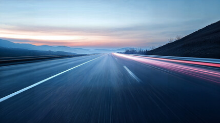 A Highway Stretching into the Misty Mountains at Sunrise showing motion blue speed