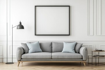 A modern living room with a grey sofa and shelf, an empty black frame on the wall above it, white walls, minimalistic interior design photography, shot from a front view, the angle of the shot is leve