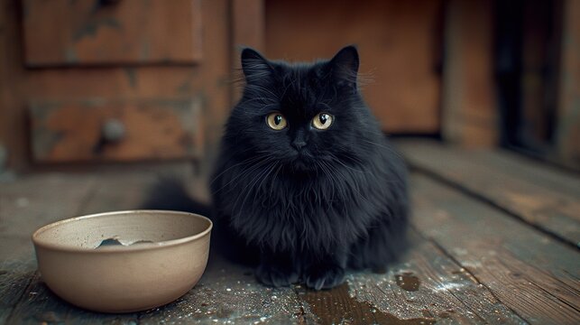 un chat noir &Atilde;&nbsp; poils long attend &Atilde;&nbsp; manger devant sa gamelle vide sur le sol de la cuisine  HD 8K wallpaper Photographic Image