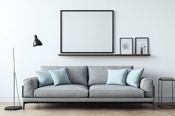 A modern living room with a grey sofa and shelf, an empty black frame on the wall above it, white walls, minimalistic interior design photography, shot from a front view, the angle of the shot is leve
