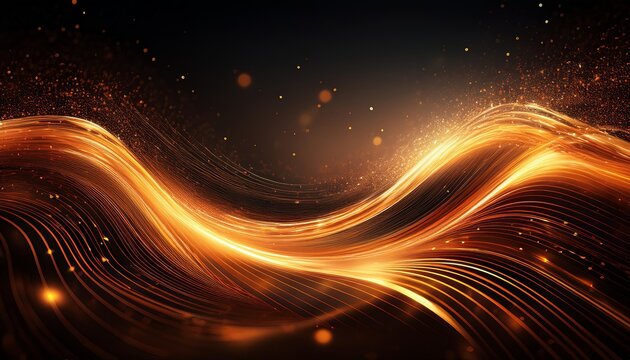 dynamic orange light streaks forming a wave pattern against a dark background, sparkling particles resembling stars