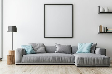 A modern living room with a grey sofa and shelf, an empty black frame on the wall above it, white walls, minimalistic interior design photography, shot from a front view, the angle of the shot is leve