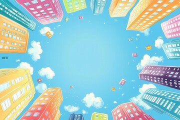 whimsical cartoon-style illustration depicting a bright blue sky adorned with playful urban skyscrapers, capturing the cheerful essence of city life in a fun, colorful manner