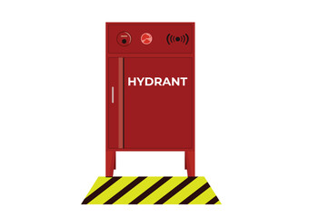 Fire Hydrant Box with yellow mark stripes. A place to store fire extinguishers which generally contain a fire hose, hose rack, hydrant valve and hose Nozzle. Safety poster. Safety Equipment. 
