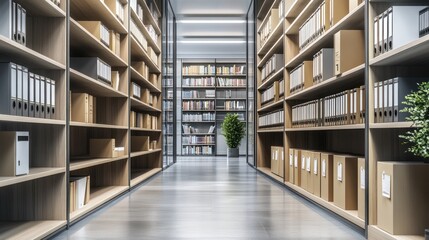 Obraz premium Modern Office Library: Rows of Bookshelves Filled with Files and Books